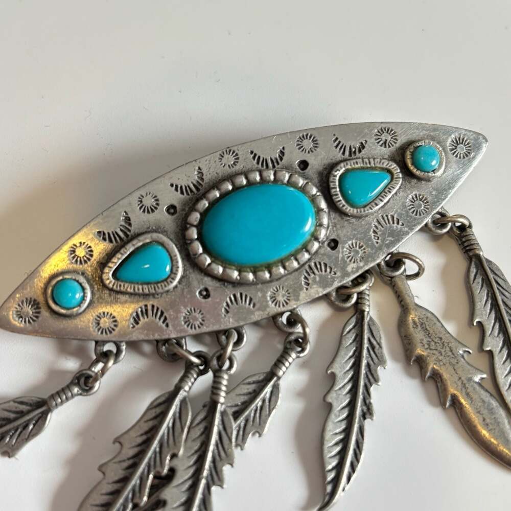 JJ Jonette Jewelry Southwestern Style Turquoise Feather Dangle Brooch Pewter Pin - Picture 2 of 11